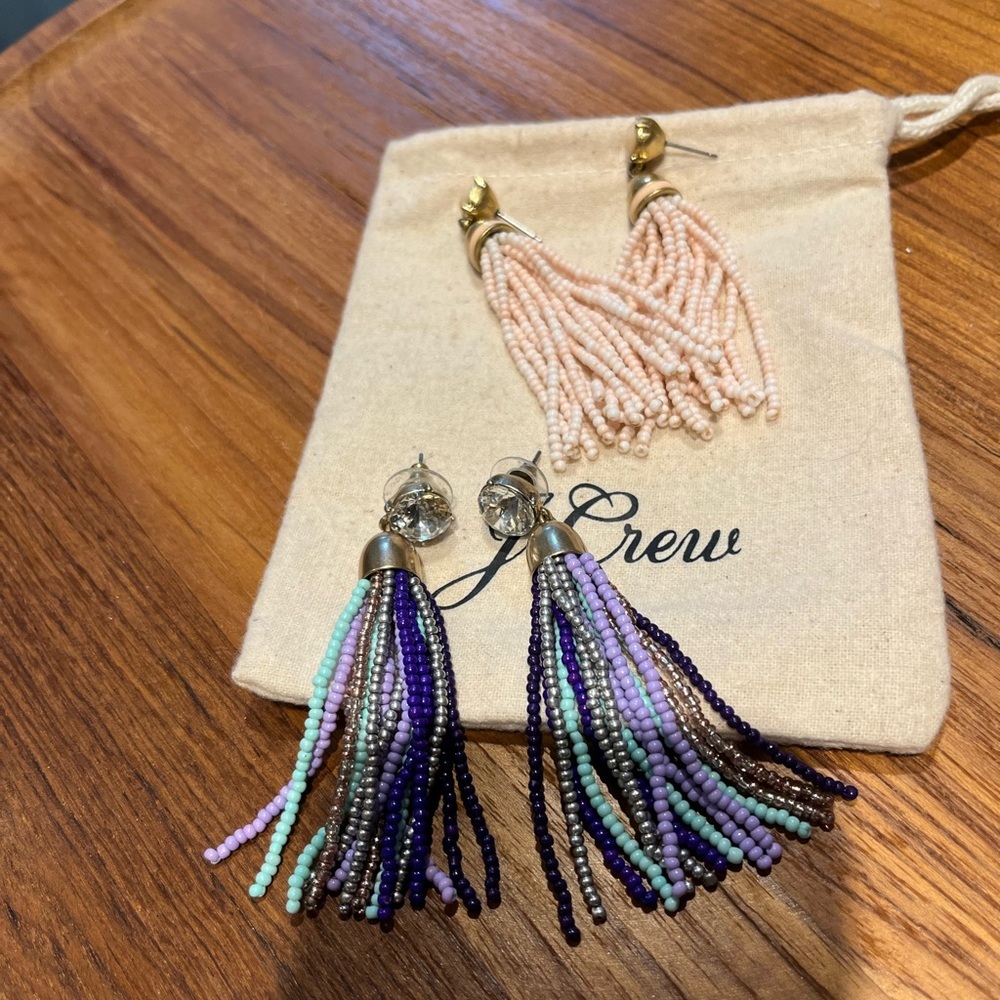 J. Crew Pink Pastel and Purple Beaded Tassel Earrings 2 pairs FINAL MARK DOWN!